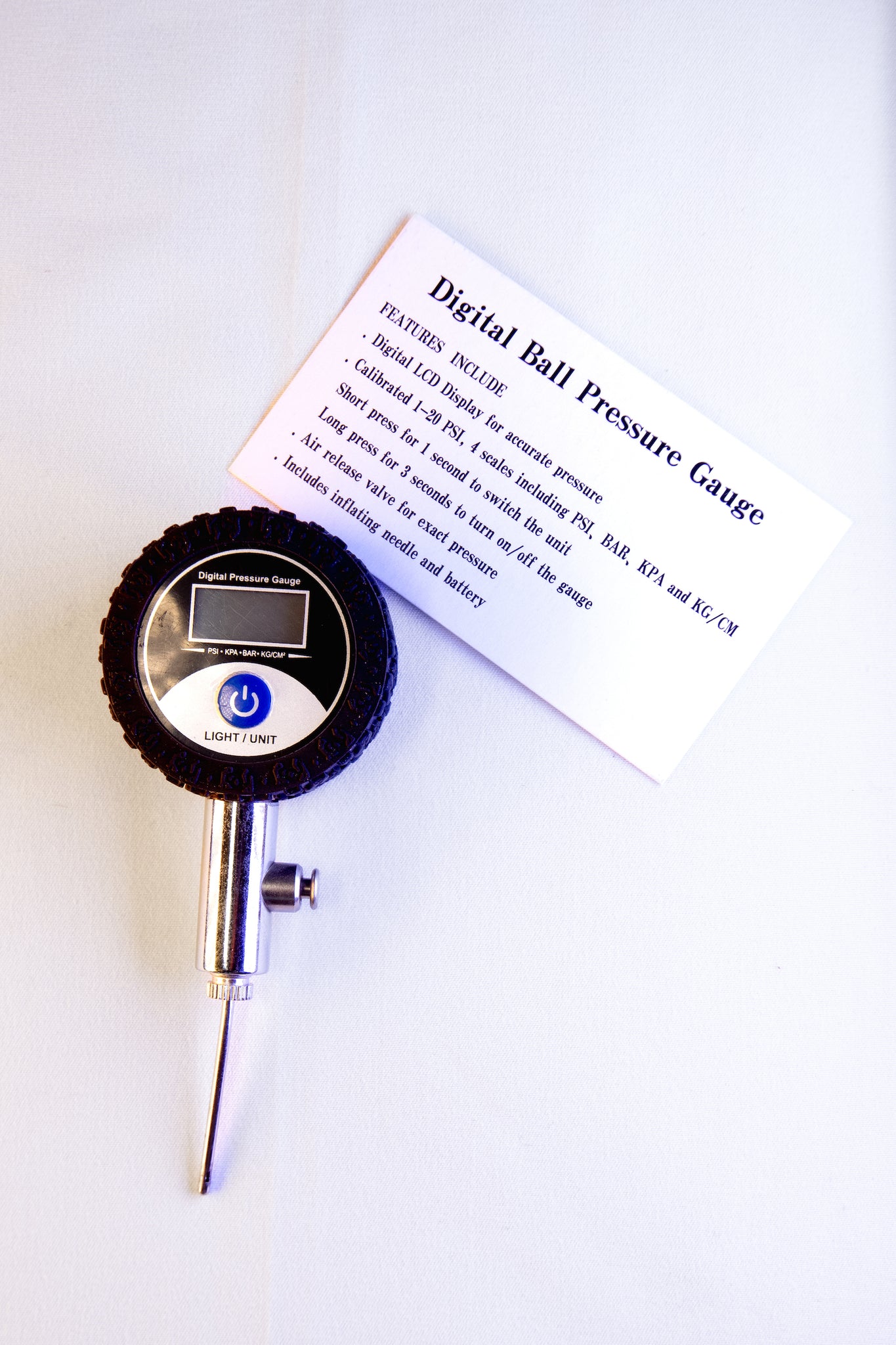 Digital Ball Pressure Gauge with card showing its features. 