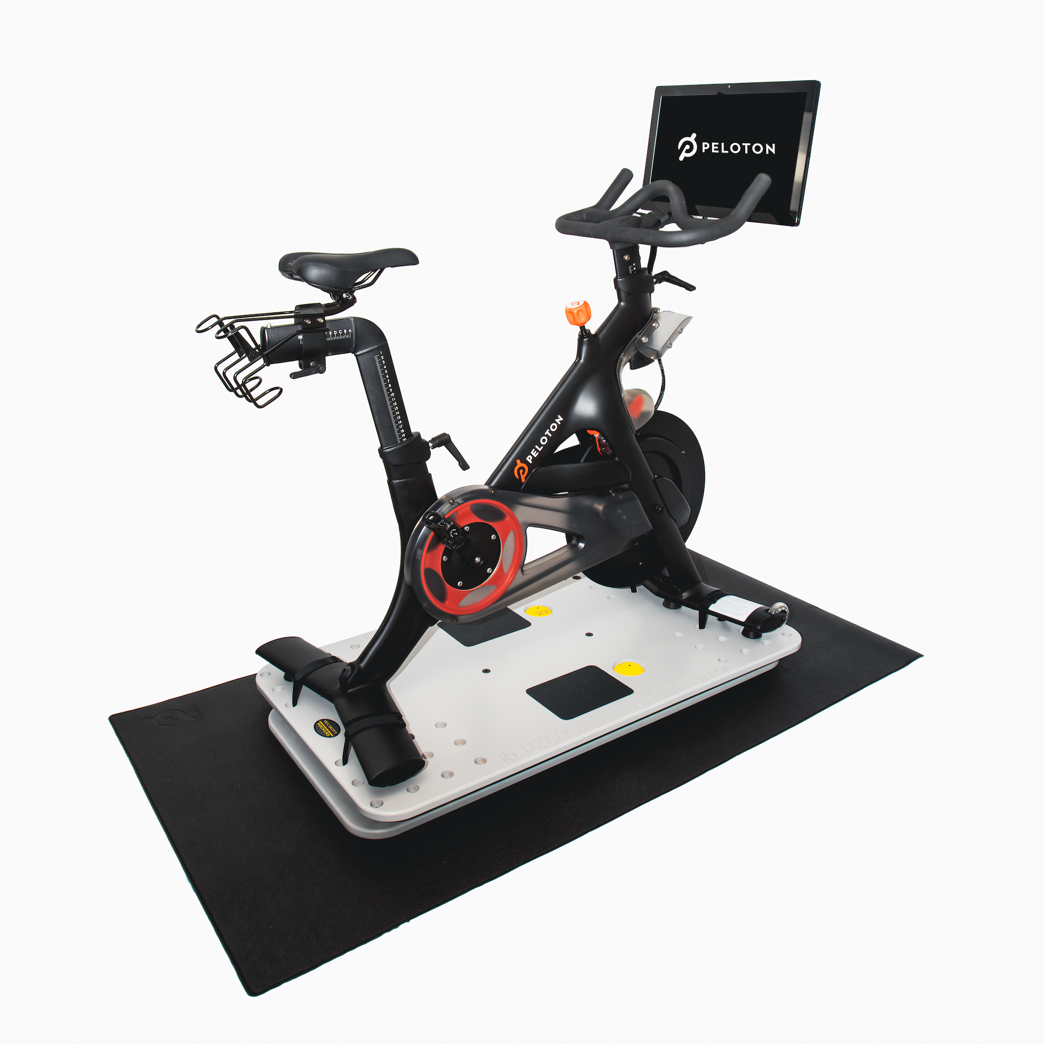 The Velocity Rocker Spin with the Peloton bike mounted on it.